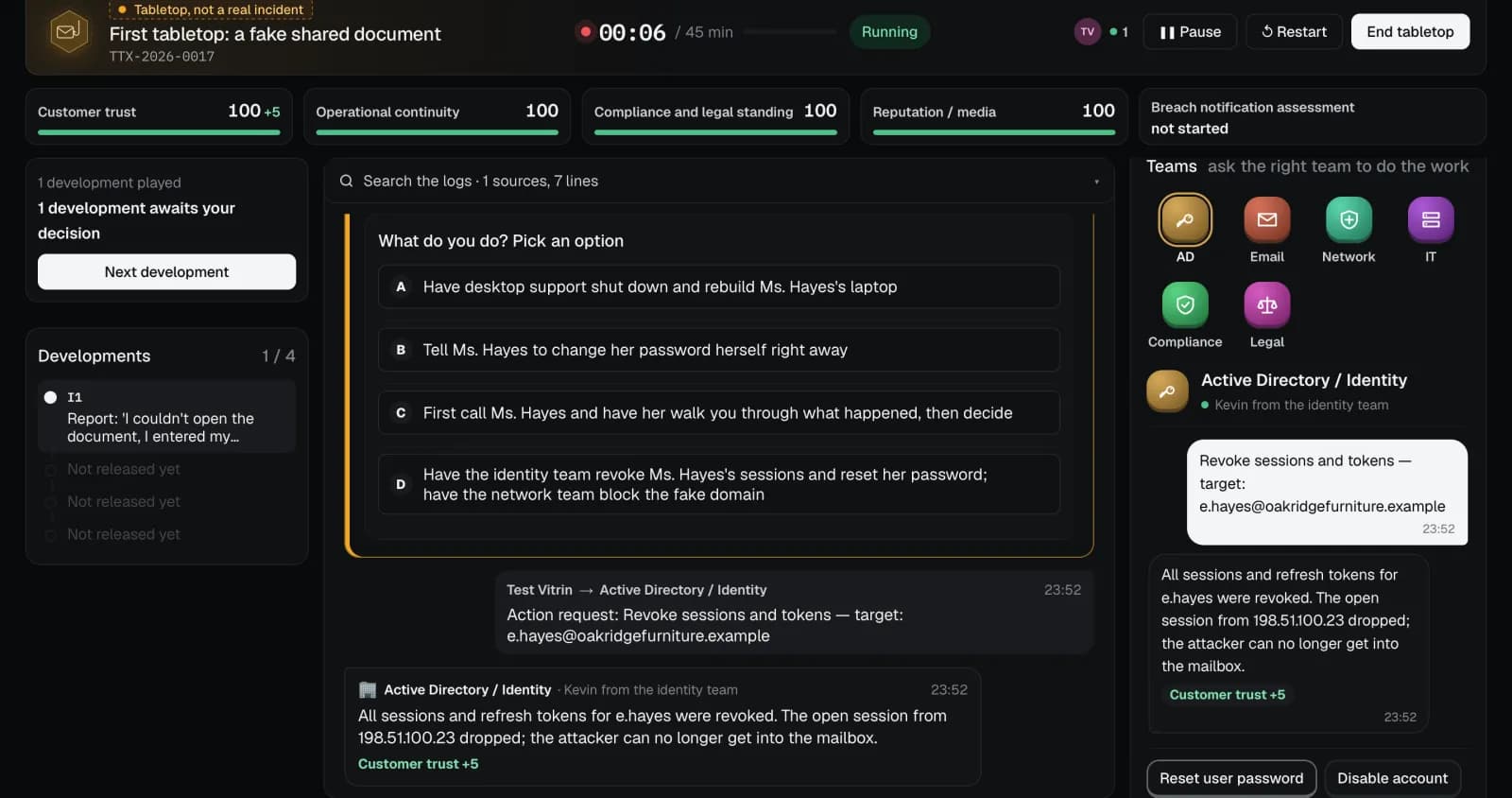 Tabletop screen: the development, decision options and the team chat on the right